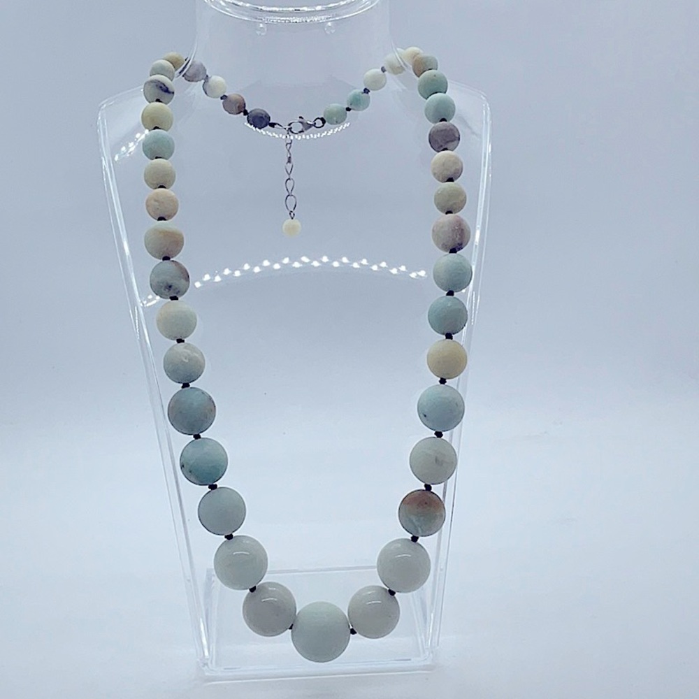 Beautiful amazonite graduated individual knotted with silver clasp necklace